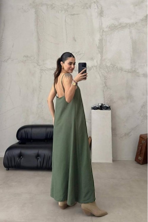 AEROBİN YAZLIK HAKİ ASKILI ELBİSE